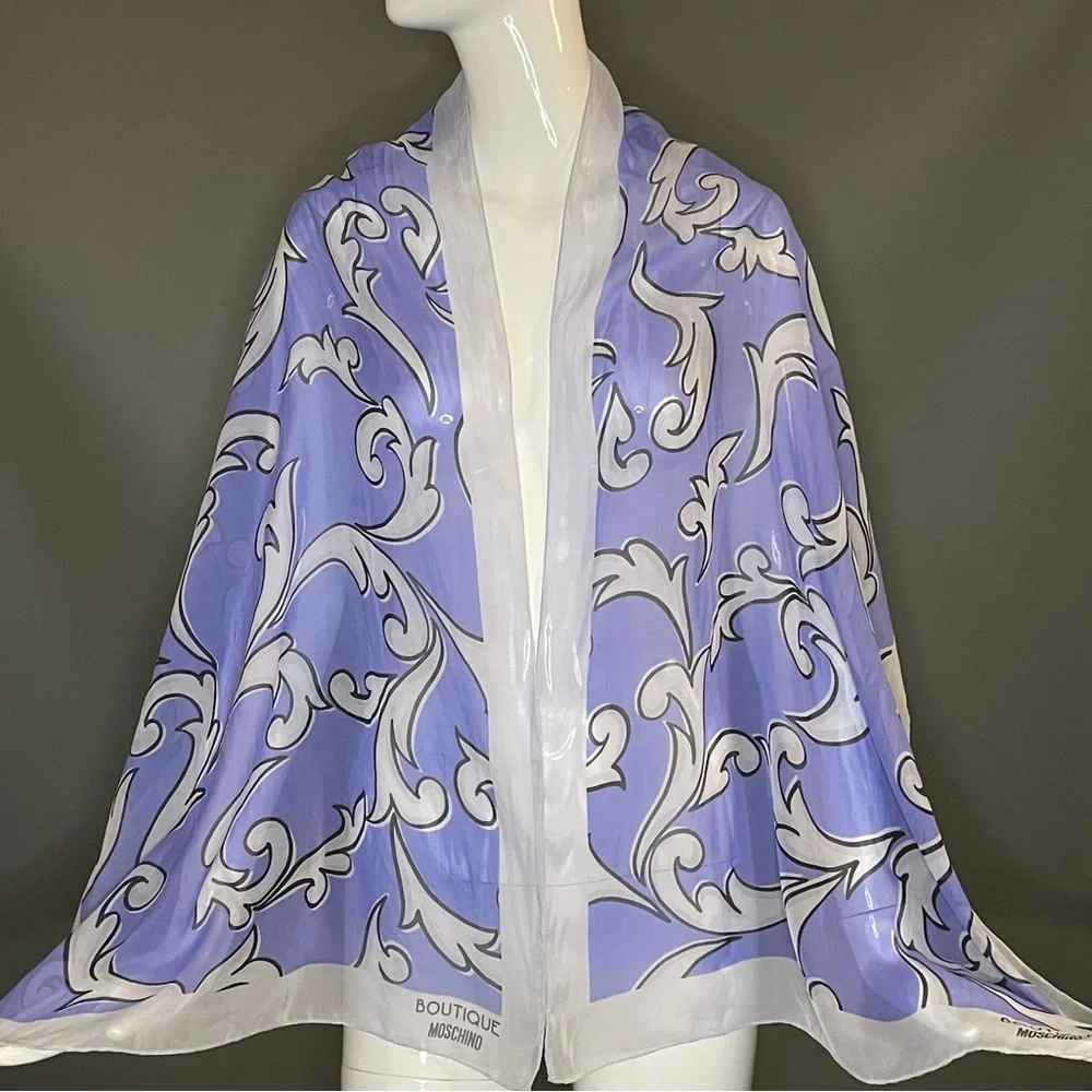 Gorg Moschino Boutique Sheer Silk Scarf Lilac Print Large 15 x 60 In Exc Cond